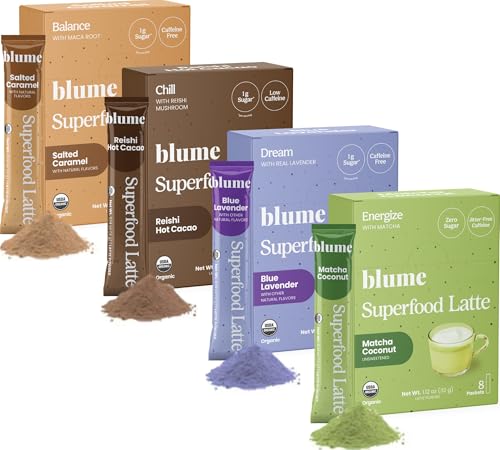 Blume Latte Variety Pack | Calming Blue Lavender Tea, Soothing Reishi Hot Cacao, Energizing Matcha Green Tea, Delicious Salted Caramel - Organic, Vegan, Keto-Friendly, Beverage Enhancer - 32 Servings