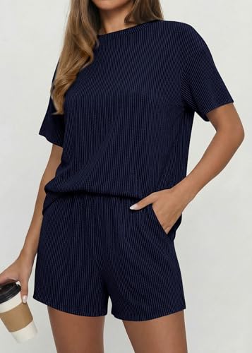 KIRUNDO Two Piece Sets for Women Dressy Casual Ribbed Knit Short Sleeve Top Matching Shorts Lounge Set 2026 Summer Outfits(Navy, X-Large) — view 2