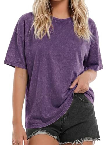 Cuptacc Tops Für Damen Shirt Kurzarm Batik Tshirt Damen Baumwolle Oberteile Rundhals Halbe Ärmel Lässig Lila XXXL