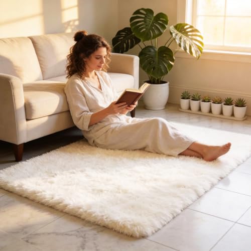 MATIIUI Shag Cream Rug Small 3x5 Area Rugs for Bedroom