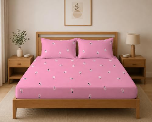 Image of LOOMLYFE 300 TC Microfiber Soft Cotton Bedsheet for Double Bed, Size 90X100 Inches with 2 Large Size Pillow Covers Without Joint - PinkSmallFlower