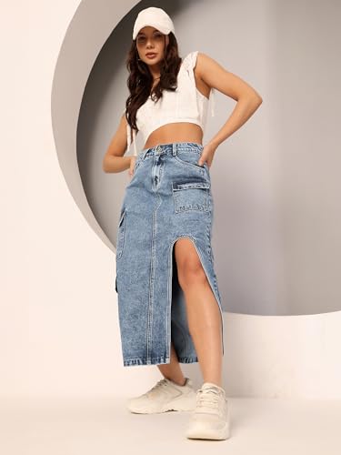 Image of Dolce Crudo Women's Flared High-Rise Stretchable Denim Maxi Skirt