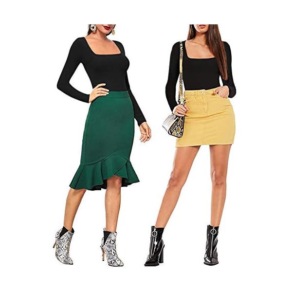 MANGOPOP-Womens-Square-Neck-Short-Sleeve-Long-Sleeve-Tops-Bodysuit-Jumpsuit MANGOPOP Bodysuits for Women Long Sleeve Square Neck Tops