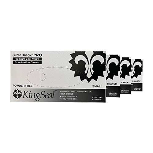 KingSeal 100 Count UltraBlack-PRO Nitrile Medical Grade Exam Gloves, Black, Professional Grade 5 MIL, Size MEDIUM, Textured, Tattoo, Automotive, Plumbing, Cleaning - 100 Gloves