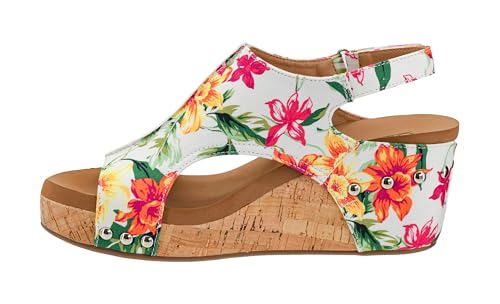 Corkys Footwear Women's Carley Wedge White Floral Size 11 With Adjustable Straps 2.5 Inch Wedge -  802616310753