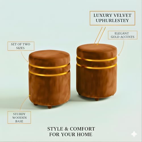 Image of Decorative Ottoman Pouffes for Sitting - Two-Piece Set of Puffy Stools and Footstools - Round Ottoman Stool for Living Room Furniture (Brown)