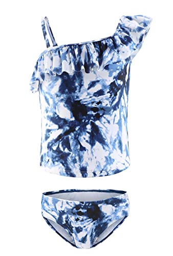 Girls Two Piece Tankini Swimsuits Tie Dye Bathing Suit for Kids One Shoulder Swimwear 3-16 Years