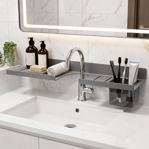 Image of MIORAH 2feet Bath Shelves for Wash Basin | Bathroom Organiser Without Drill Self Adhesive| Tooth Brush Holder Bathroom Accessories & Stand Grey