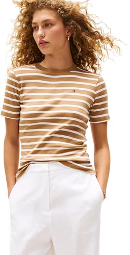 Tommy Hilfiger Damen T-Shirt Kurzarm Slim Cody Rundhalsausschnitt, Mehrfarbig (Hickory/Ecru STP), XS