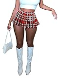 Women's Mini Skirts Pleated Skirt for Party Club High Wiast Stretchy Tennis Skater A-line Skirt(Red Plaid,M)