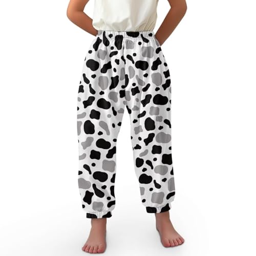 ORGYPET Girls Baggy Sweatpants L Children's Loose Legged Bloomers Soft Skin Friendly Girls Wide Leg Pants Girls Trousers Breathable Fabric for All Day Wear, Black Grey Cow Print