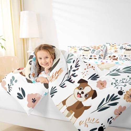 Image of Feelyou Cute Puppy Dog Bedding Set Kids Toddler King, Dog Animal Bedding Set Dogs and Flowers Comforter Set Botanical Plant Duvet Set Durable Quilt Set