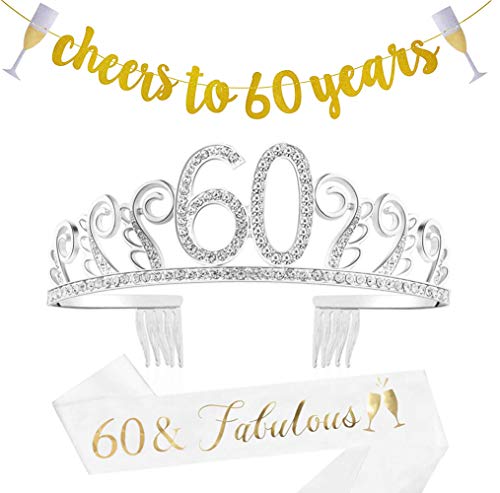 60th Birthday Decorations Gifts for Women,60 Birthday Set – Gold Banner,Rhinestone Queen Tiara with Fabulous at 60