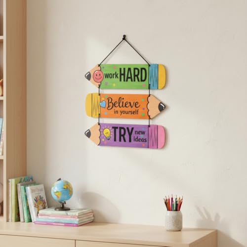 Image of Motivational Wooden Wall Hanging Quotes - Work Hard, Believe in Yourself, Try New Ideas | Colourful Pencil Design MDF Inspirational Wall Decor for Kids Room, Study & Office