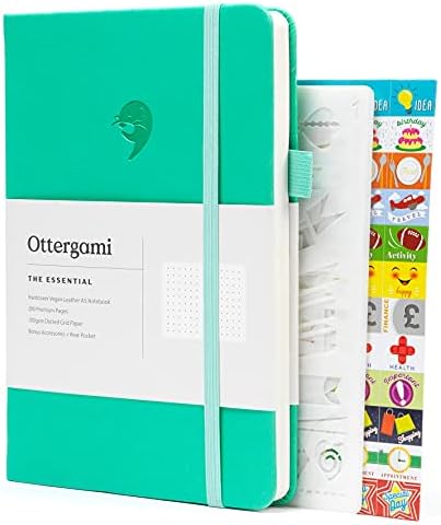Ottergami Bullet Dotted Journal A5. Deluxe Vegan Notebook + 140 Journal Stickers for Scrapbooking. 6 Stencils for To Do List Bullet Journaling. 100gsm A5 Paper. The Essential
