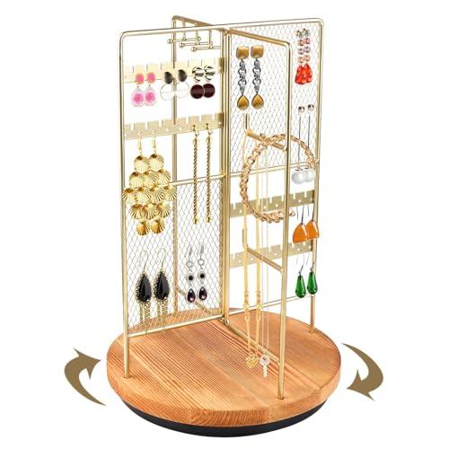 EBANKU Soporte Giratorio 360° colgador pendientes, Gold,organizador joyas,Almacenamiento para más 100 pares Aretes, organizador collares,Incluye 4 Secciones para Collares, Pulseras, Anillosy Relojes