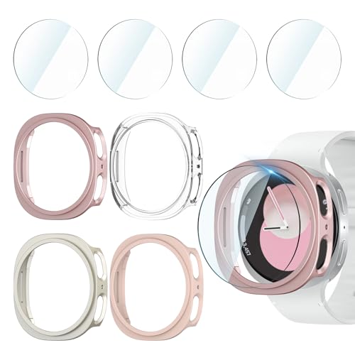 Jvchengxi 4+4Pièces Coque 40mm pour Samsung Galaxy Watch 8 Protection Écran, Anti-rayures PC Etui + HD Protecteur D'écran en Verre Trempé pour Galaxy Watch 8 40mm (OrRose+SableRose+Starlight+Clair)