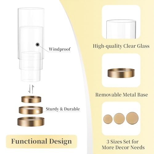 Hewory Hurricane Candle Holder For Pillar Candles: Gold Votive Candle Holders Set Of 12, Glass Hurricane With Metal Candle Plate thumb #6