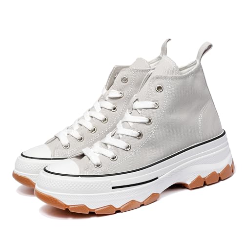 Women’s Canvas Platform Sneakers – Stylish High-Top & Low-Top Shoes with 5 cm Chunky Sole for Comfort & Support (Light Grey, Adult, Women, 8, Numeric, UK Footwear Size System, Medium)