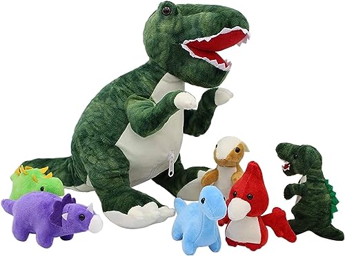 JDS Toy Store Handcrafted Plush Big Green T-Rex Stuffed Dinosaur with 6 Baby Dinosaurs Inside for Kids and Dinosaur Lovers - 19.6 Inches