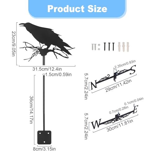 CYTGOUPER Crow WeatherVane Raven,Black Iron Weather Vane for Yard,Halloween Crow Decor Weather Vanes Roof Mount for Outside Garden Farmhouse Barn Decoration Sheds Patio,22.8 * 13.4in - Thumbnail 3