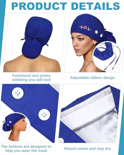 Image of 6 Pc Satin Lined Scrub Caps Women with Buttons Ponytail
