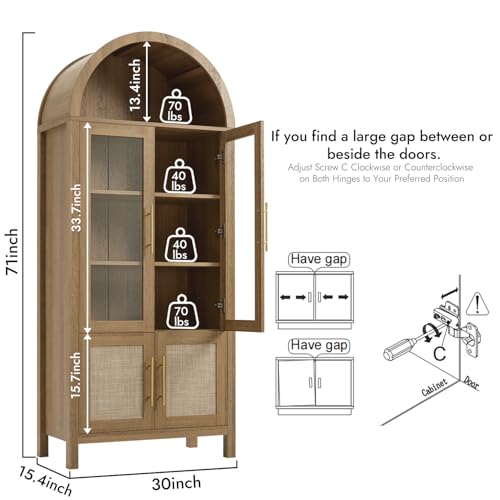 Image of 71 inch Tall Arched Display Cabinet, 5-Tier Bookshelf Modern Farmhouse Arched Bookcase with Glass Doors and Shelves, Wooden Pantry Storage Cabinet for Living Room, Office and Kitchen, Caramel Oak