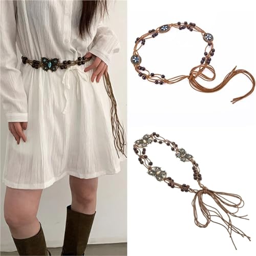 Womens Fringe Belt With Beads Tassel Knotted Wide Rope Woven Waist Braid Belt4