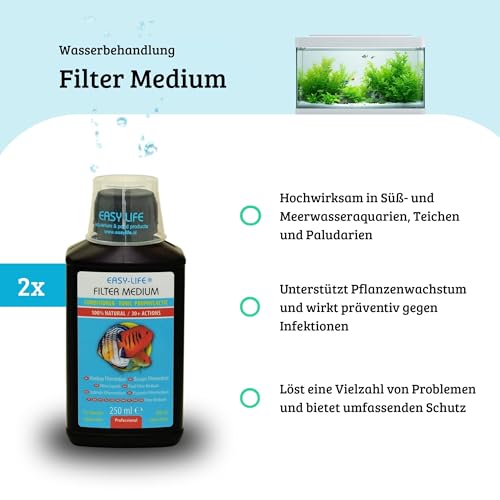 Easy Life Filter Medium 2er Pack – 2X 250 ml Wasserpflege für Aquarien, verbessert Wasserqualität, reduziert Schadstoffe, unterstützt Filterleistung, sorgt für klares Aquariumwasser