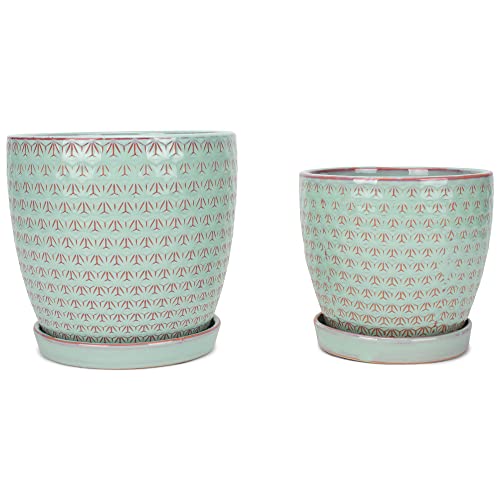 Napco Prism Embossed Ceramic Pot With Blue-Grey Glaze For Indoor Plants Planter With Saucer, 8X8, Mint Green And Fuchsia #TOP6