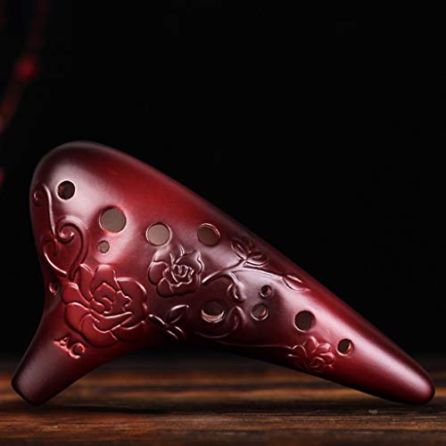 Zycsktl Adult Beginner 12 Hole Alto C Clay Ocarina, Natural Smoked Submarine Type Playing Instrument, Beautifully Hand-Carved Roses, Cloth Bag + Lanyard + Mouthpiece Protector, Antique Color #TOP2