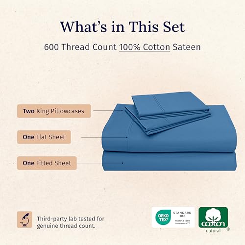 California Design Den King Sheets Cotton Set - Luxury 600 Thread Count Sateen, Natural 100% Cotton Cooling Sheets King Size, Hotel Quality, Durable Fully Elasticized Deep Pockets - Parisian Blue