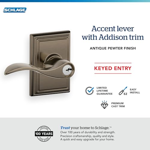 Image of SCHLAGE Accent Lever with Addison Trim Keyed Entry Lock in Antique Pewter - F51A ACC 620 ADD