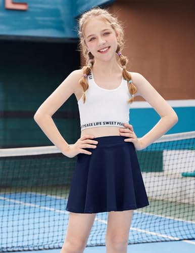 Arshiner Mädchen Tennisrock Dunkelblau Röcke mit Hose Drunter Hohe Taille Sportrock A-Linien Plissee Faltenrock Kinder Tanz Golf Hosenrock 130/8-9 Jahre