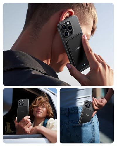 MagSafe Power Bank Ultra Slim, 5000 mAh 6,9 mm, PD20 W, kleine powerbank, magnetische draadloze externe mobiele telefoonaccu's voor iPhone 17 Pro Max/16 Pro/15/14/13/12 Series (zwart) - Afbeelding 6