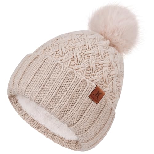 FZ FANTASTIC ZONE Winter Beanie Hats for Women with Fleece Lined Knitted Warm Womens Pom Pom Hat Chunky Cable Skull Cap Gifts Oatmeal