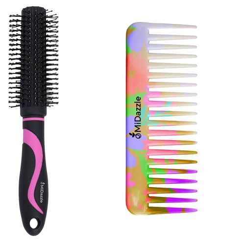 Image of Midazzle Premium Round Hair Brush and Daily Comb Set, Black and Pink Design, 2 Pieces