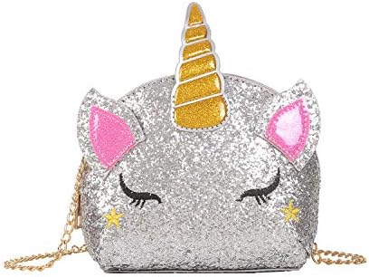 Amazon チェーンバッグ キラキラ ラメ グリッター ユニコーン 小学生 中学生 プレゼント インスタ映え 小さめ ミニ コンパクト 双子コーデ 女の子 財布 ポーチ ポシェット キッズ 子供 可愛い おしゃれ シルバー ウエストバッグ