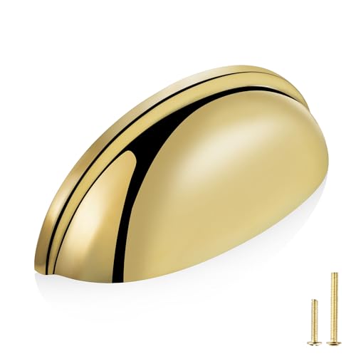 QOGRISUN 5-Pack Unlacquered Brass Cabinet Cup Pulls, Gold Bin Cup Drawer Dresser Handles, 3-Inch Hole Center, Kitchen Cupboard Hardware, Polished Brass Finish