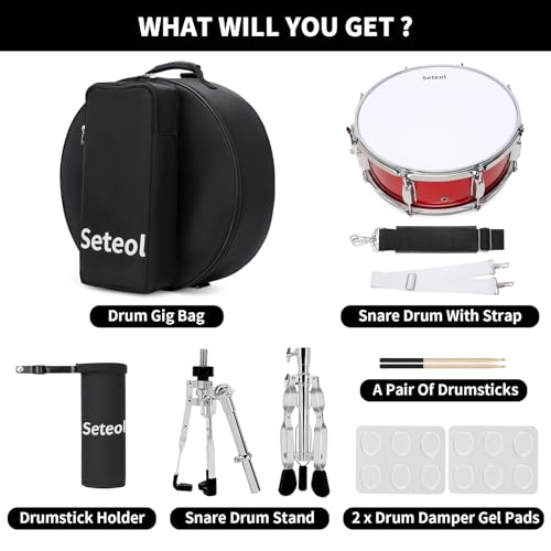 Seteol Snare Drum Set, 14\" x 5.5\" Marching Snare Drum with Stand & Storage Padded Bag + Silent Mute Pad + Drums Sticks + Drumstick Holder + Drums Key + Damper Gels for All Ages (Red)