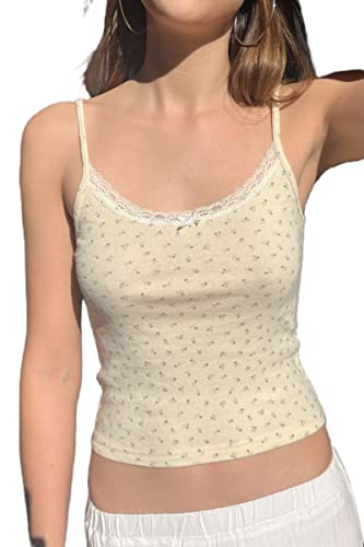 Women Y2K Square Neck Lace Camis Elegant Lace Frill Crop Tank Top 2000S Sleeveless Camisole Spaghetti Strap Tops #TOP21