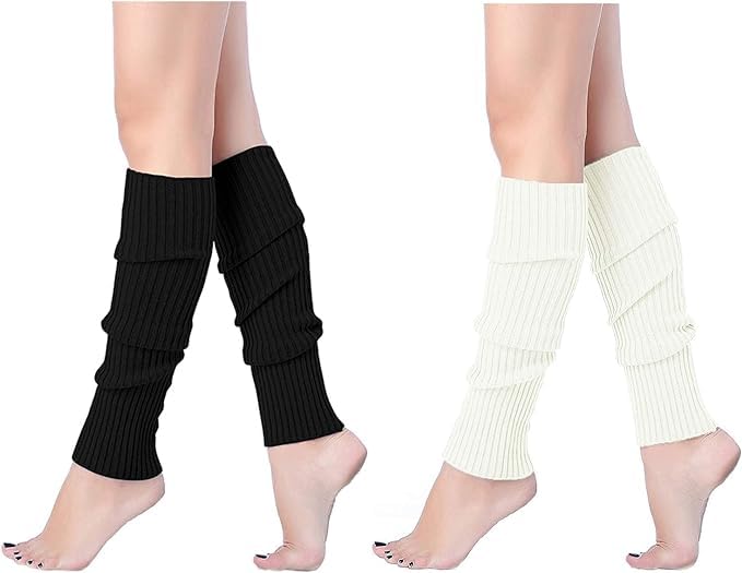 Leg warmers for girls Knitted Stirrup Leg Warmers for women Winter Extra Soft long leg warmers for Yoga Dance (Black+White no hole)