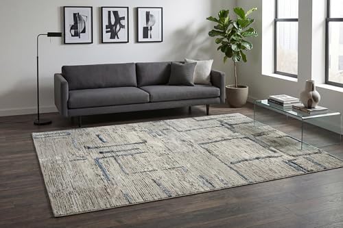 Dynamic Rugs Safir 5'2"x7' Beige/Ivory/Blue Area Rug, Modern Sleek Design, Sophisticated Subtle Sheen, Durable Polypropylene and Polyester Blend, Perfect for Any Stylish Space