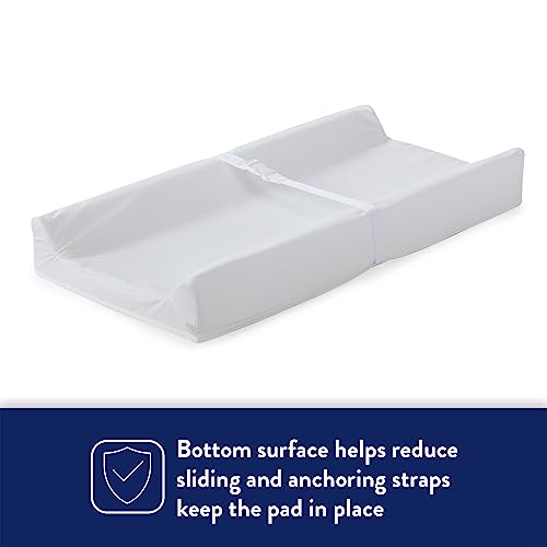 Kolcraft Waterproof Contoured Wipeable Baby Diaper Changing Pad for Dresser or Table, Durable Easy Clean Surface, Soybean Enhanced Foam, Safety Restraint Belt & Straps, Made in USA, White, 16\' x 32\'