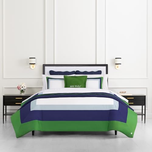 Image of kate spade new york Color Block Full /Queen Comforter Set, 300 Thread Count and 100% Cotton Cover, All Season 3 Piece Reversible Bedding Set, Machine Washable, Navy, Green and White