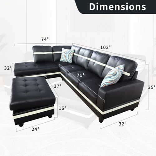 Image of L-Shaped 3-Piece Semi PU Synthetic Leather Sofa with Storage Ottoman Set, Sectional Couch Sofa Set for Living Room, Office, Small Space, Black and White