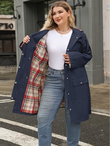 Kikibell Plus Size Rain Jackets for Women Raincoats Waterproof Windbreaker Jacket Hooded Outdoors Trench Coat with Pockets4