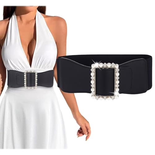Black Elastic Waist Belts for Dresses Rhinestone Buckle Belt for Women Pearl Wide Elastic Waist Belts