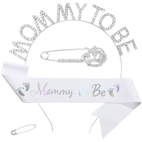 AEDOVE Mom to be Baby Shower Sash Decorations Set, Mom to be Sash&Tiara Set Crown Maternity Gift, for Gender Reveal Shower (White)