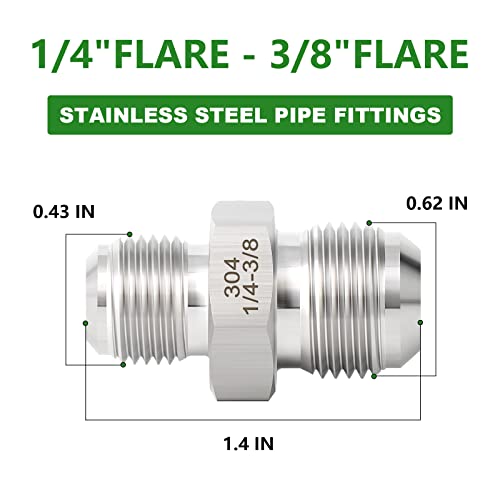 Image of TAISHER 5PCS Forging of 304 Stainless Steel Tube Flare Fittings, 3 /8 inch Male Flare x 1 /4 inch Male Flare, Union